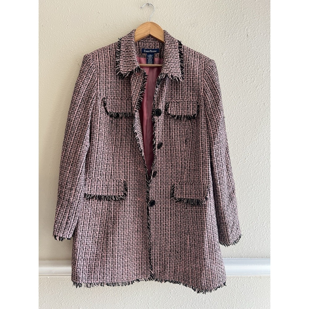 Evan Picone Tweed Jacket Coat Size 14 Pink Fringe Trim Blazer Classic Chic Prepp